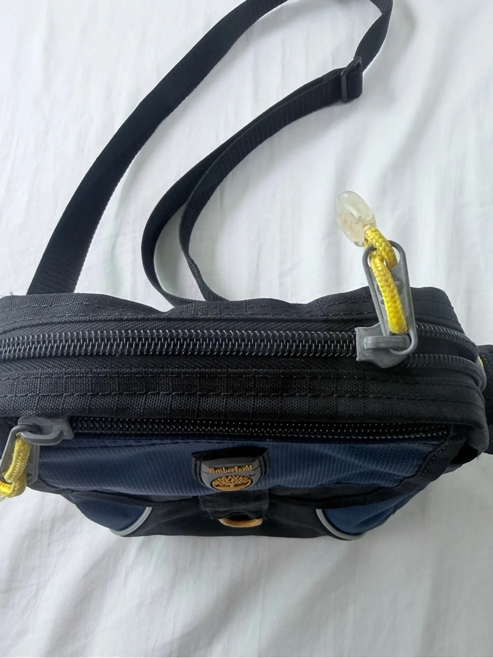 Timberland Blue Black Yellow Solid Crossbody Bag Adjustable Strap Zip Closure
